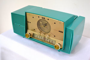 SOLD! - Sept 17, 2018 - Teal Goody Mid Century Jetsons 1957 General Electric Model 914 Tube AM Clock Radio Eye Popper! - [product_type} - General Electric - Retro Radio Farm