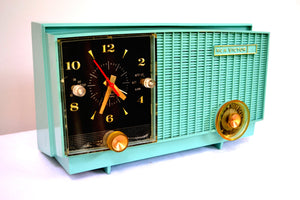 SOLD! - Dec 1, 2018 - Teal Blue Retro Jetsons Vintage 1957 RCA Victor RCA 3RD-35 Tube AM Clock Radio Cute! - [product_type} - RCA Victor - Retro Radio Farm
