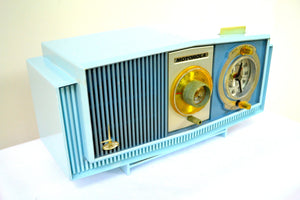 SOLD! - Aug 13, 2018 - BLUETOOTH MP3 UPGRADE ADDED - BLUE on Blue Mid-Century Retro 1963 Motorola Model C4P-55 Tube AM Clock Radio Rare Color! - [product_type} - Motorola - Retro Radio Farm