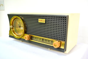 SOLD! - July 8, 2019 - Black and White Mid Century Retro 1959-1961 Travler C230 Tube AM Clock Radio Rare Color Combo! - [product_type} - Travler - Retro Radio Farm
