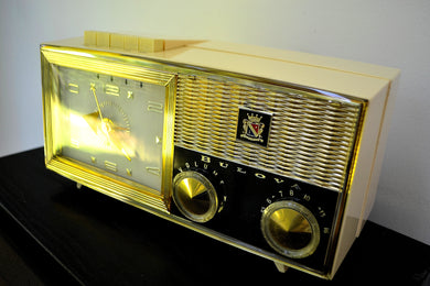 SOLD! - Sept 28, 2019 - Lucent White 1962 Bulova Model 180 Tube AM Clock Radio Sweet!