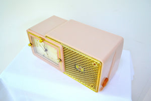 SOLD! - March 25, 2019 - Luxe Fifth Avenue Pink 1957 Bulova Model 120 Tube AM Clock Radio Excellent Condition! - [product_type} - Bulova - Retro Radio Farm