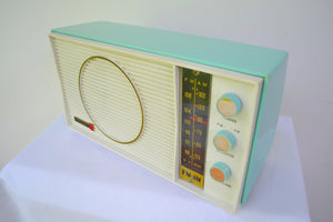 SOLD! - Aug 22, 2018 - BLUETOOTH MP3 UPGRADE ADDED - Turquoise and White Retro Jetsons Early 60s Olympic Model AFM-20 Tube AM FM Radio Totally Restored! - [product_type} - Olympic - Retro Radio Farm
