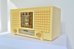 SOLD! - July 10, 2019 - 1956 TravLer 56C45 Tube AM Clock Radio in Ivory Cream With Rare Calendar Function! - [product_type} - Travler - Retro Radio Farm