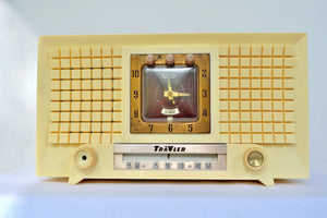 SOLD! - July 10, 2019 - 1956 TravLer 56C45 Tube AM Clock Radio in Ivory Cream With Rare Calendar Function! - [product_type} - Travler - Retro Radio Farm