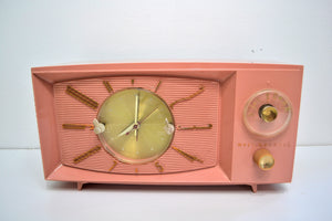 SOLD! - Aug 31, 2019 - Rose Pink 1959 Westinghouse Model H545T5A Vintage Tube AM Clock Radio Totally Restored! - [product_type} - Westinghouse - Retro Radio Farm