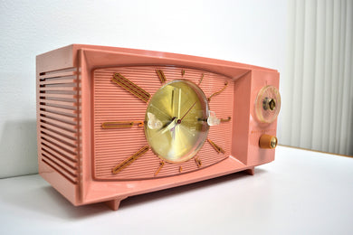 SOLD! - Aug 31, 2019 - Rose Pink 1959 Westinghouse Model H545T5A Vintage Tube AM Clock Radio Totally Restored!