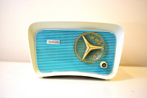 ターコイズ＆ホワイト 1959 トラブラー モデル T-204 AM 真空管ラジオ ボタンのようにかわいい！