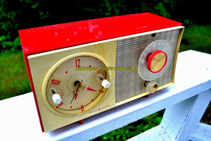 SOLD! - Sept 12, 2017 - CORVETTE RED AND WHITE Mid Century Vintage Retro 1959 General Electric GE Tube AM Clock Radio Totally Restored! - [product_type} - General Electric - Retro Radio Farm