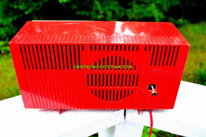 SOLD! - Sept 12, 2017 - CORVETTE RED AND WHITE Mid Century Vintage Retro 1959 General Electric GE Tube AM Clock Radio Totally Restored! - [product_type} - General Electric - Retro Radio Farm