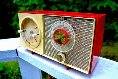 SOLD! - Sept 12, 2017 - CORVETTE RED AND WHITE Mid Century Vintage Retro 1959 General Electric GE Tube AM Clock Radio Totally Restored!