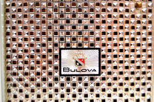 SOLD! - Feb 5, 2020 - Palace Ivory and Gold 1959 Bulova Model 120 Tube AM Clock Radio Excellent Condition! - [product_type} - Bulova - Retro Radio Farm