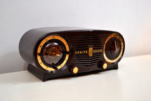 Load image into Gallery viewer, SOLD! - Sept 14, 2019 - Owl Eyes Brown and Gold Vintage 1950 Zenith 5-L-03 AM Tube Clock Radio Mid Century Charmer! - [product_type} - Zenith - Retro Radio Farm