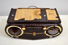 Load image into Gallery viewer, SOLD! - Sept 14, 2019 - Owl Eyes Brown and Gold Vintage 1950 Zenith 5-L-03 AM Tube Clock Radio Mid Century Charmer! - [product_type} - Zenith - Retro Radio Farm