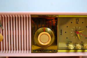 SOLD! - Oct 27, 2019 - MARILYN PINK Mid Century 1956 Motorola 56CD Tube AM Clock Radio She's A Doll! - [product_type} - Motorola - Retro Radio Farm