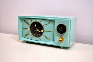 SOLD! - March 1, 2020 - Light Blue Turquoise 1959 Westinghouse Model 671T5 Vintage Tube AM Clock Radio Gorgeous and Sounds Great! - [product_type} - Westinghouse - Retro Radio Farm