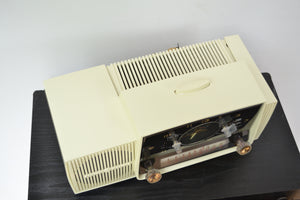 SOLD! - July 8, 2019 - Classic White 1957 General Electric Model 912D Tube AM Clock Radio - [product_type} - General Electric - Retro Radio Farm