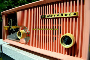 SOLD! - Sept 13, 2017 - CAMEO PINK Mid Century Retro Vintage Antique Motorola 1957 Model 5C13P Clock Radio Tube AM Clock Radio Rare Model! - [product_type} - Motorola - Retro Radio Farm