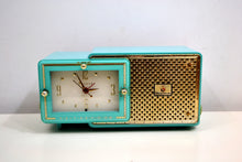Load image into Gallery viewer, SOLD! - Feb 5, 2020 - Faberge Turquoise and Gold 1957 Bulova Model 100 AM Clock Radio Near Mint and Simply Fabulous! - [product_type} - Bulova - Retro Radio Farm