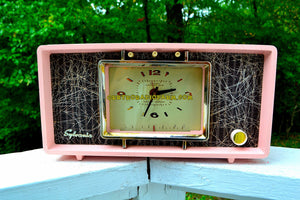 SOLD! - Sept 20, 2017 - PINK CHRYSANTHEMUM Mid Century Retro Vintage 1955 Sylvania R598-10895 Tube AM Clock Alarm Radio Upscale and Almost Mint! - [product_type} - Sylvania - Retro Radio Farm