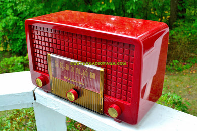 SOLD! - Sept 26, 2017 - CRANBERRY RED Mid Century Retro Vintage 1955 RCA Victor Model 5X-564 AM Tube Radio Great Sounding!