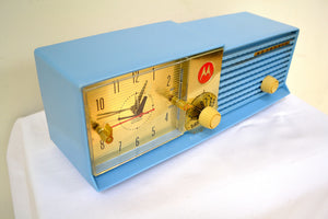 SOLD! - Mar 31, 2019 - Cornflower Blue Bi-level 1957 Motorola 57CD Tube AM Clock Radio - [product_type} - Motorola - Retro Radio Farm