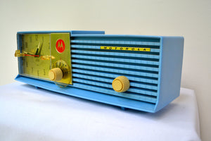 SOLD! - Mar 31, 2019 - Cornflower Blue Bi-level 1957 Motorola 57CD Tube AM Clock Radio