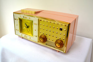 SOLD! - Nov 27, 2018 - Paris Pink 1960 Bulova Model 190 Tube AM Clock Radio - [product_type} - Bulova - Retro Radio Farm