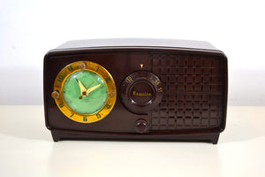 SOLD! - Nov 7, 2019 - Rare Manufacturer Brown Bakelite Post War 1952 Esquire BF Goodrich Model 550U AM Tube Clock Radio Works Great! - [product_type} - Esquire - Retro Radio Farm
