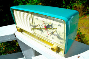 SOLD! - Nov 6, 2017 - AQUA and White Retro Jetsons 1956 RCA Victor 9-C-7LE Tube AM Clock Radio Totally Restored! - [product_type} - RCA Victor - Retro Radio Farm