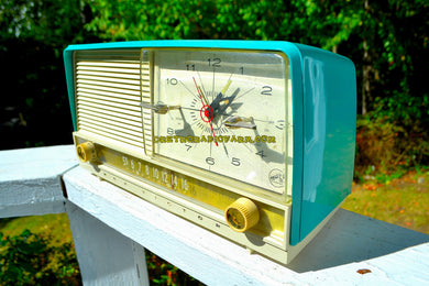 SOLD! - Nov 6, 2017 - AQUA and White Retro Jetsons 1956 RCA Victor 9-C-7LE Tube AM Clock Radio Totally Restored!