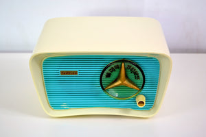 SOLD! - October 31, 2018 - Turquoise and White 1959 Travler Model T-204 AM Tube Radio Cute As A Button! - [product_type} - Travler - Retro Radio Farm