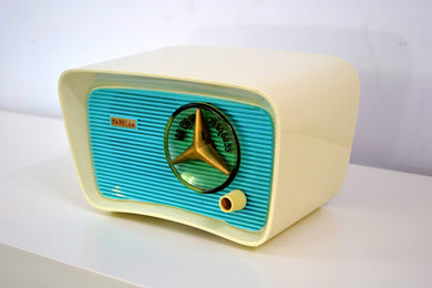 SOLD! - October 31, 2018 - Turquoise and White 1959 Travler Model T-204 AM Tube Radio Cute As A Button!