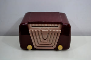 SOLD! - Nov. 6, 2019 - Bordeaux Burgundy 1949 Motorola Model 68X-11Q Vintage Tube AM Clock Radio Art Deco Classic! - [product_type} - Motorola - Retro Radio Farm