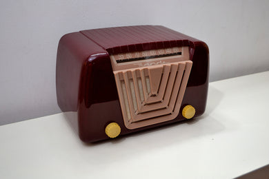 SOLD! - Nov. 6, 2019 - Bordeaux Burgundy 1949 Motorola Model 68X-11Q Vintage Tube AM Clock Radio Art Deco Classic!