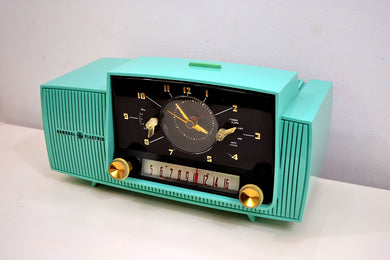 SOLD! - Oct 3, 2019 - Ocean Turquoise 1956 General Electric Model 914-D Tube AM Clock Radio Real Looker!