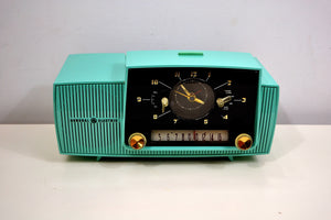 SOLD! - Oct 3, 2019 - Ocean Turquoise 1956 General Electric Model 914-D Tube AM Clock Radio Real Looker! - [product_type} - General Electric - Retro Radio Farm