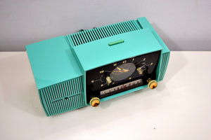 SOLD! - Oct 3, 2019 - Ocean Turquoise 1956 General Electric Model 914-D Tube AM Clock Radio Real Looker! - [product_type} - General Electric - Retro Radio Farm