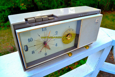 SOLD! - Apr 4, 2018 - CAMEO BEIGE MOCHA Mid Century Retro 1959 Westinghouse Model 864L6 AM Tube Radio Alarm Clock Totally Restored!