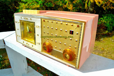 SOLD! - Jan 21, 2018 - PLAZA PINK Mid Century Retro Vintage 1959-60 Bulova Model 190 Tube AM Clock Radio Looks Spectacular!