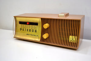 SOLD! - Dec. 4, 2019 - Sandy Tan Mid Century 1957 Motorola Model 57H Tube AM Radio Hard to Find Rare Color Near Mint!