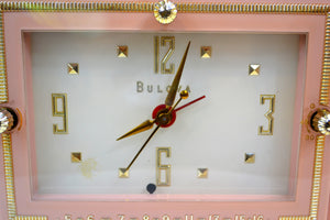SOLD! - Mar 10, 2019 - Pink Gold 1959 Bulova Model 100 Tube AM Antique Clock Radio - [product_type} - Bulova - Retro Radio Farm