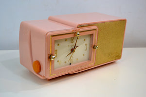 SOLD! - Mar 10, 2019 - Pink Gold 1959 Bulova Model 100 Tube AM Antique Clock Radio - [product_type} - Bulova - Retro Radio Farm