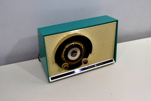 SOLD! - Oct 29, 2019 - Aqua and White Sputnik Era Vintage 1957 General Electric Model 862 AM Radio Blast-Off to Beauty! - [product_type} - General Electric - Retro Radio Farm