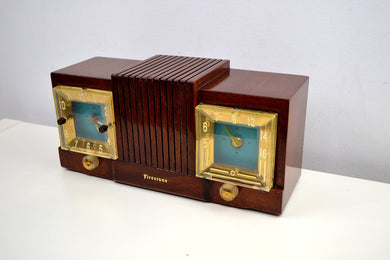 SOLD! - Mar 2, 2020 - Chestnut Mantle 1954 Firestone 4-A-128 Tube AM Clock Radio Extremely Rare Woody!