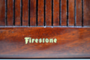 SOLD! - Mar 2, 2020 - Chestnut Mantle 1954 Firestone 4-A-128 Tube AM Clock Radio Extremely Rare Woody! - [product_type} - Firestone - Retro Radio Farm