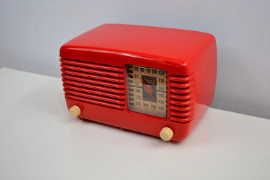 SOLD! - Oct 24, 2019 - Stunning Apple Red Bakelite Vintage 1946 Philco Transitone 48-200 AM Radio Popular Design Back In Its Day and Today!