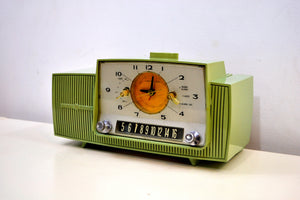 SOLD! - Nov. 1, 2019 - Sage Green 1958 General Electric Model C-416B Tube AM Clock Radio Hard to Find Nice Color! - [product_type} - General Electric - Retro Radio Farm