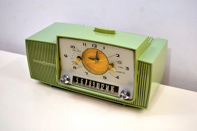 SOLD! - Nov. 1, 2019 - Sage Green 1958 General Electric Model C-416B Tube AM Clock Radio Hard to Find Nice Color!