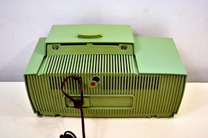 SOLD! - Nov. 1, 2019 - Sage Green 1958 General Electric Model C-416B Tube AM Clock Radio Hard to Find Nice Color! - [product_type} - General Electric - Retro Radio Farm